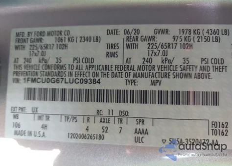 2020 Ford Escape Se from USA, damaged, VIN 1FMCU0G67LUC09384